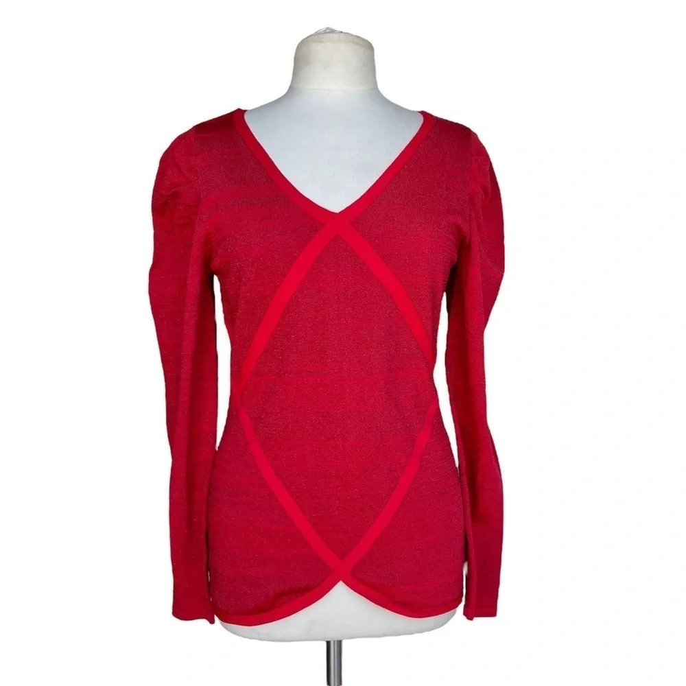 ASHLEY STEWART Women's Size 12 Racing Red Puff Long Sleeve V-neck Knit Blouse